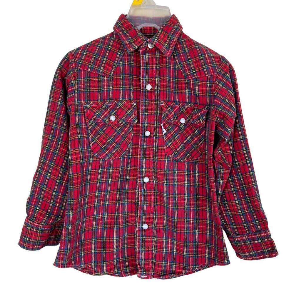 Levis Kids Vtg 90s Pearl Snap Western Button Down Shirt Red Plaid Made in USA